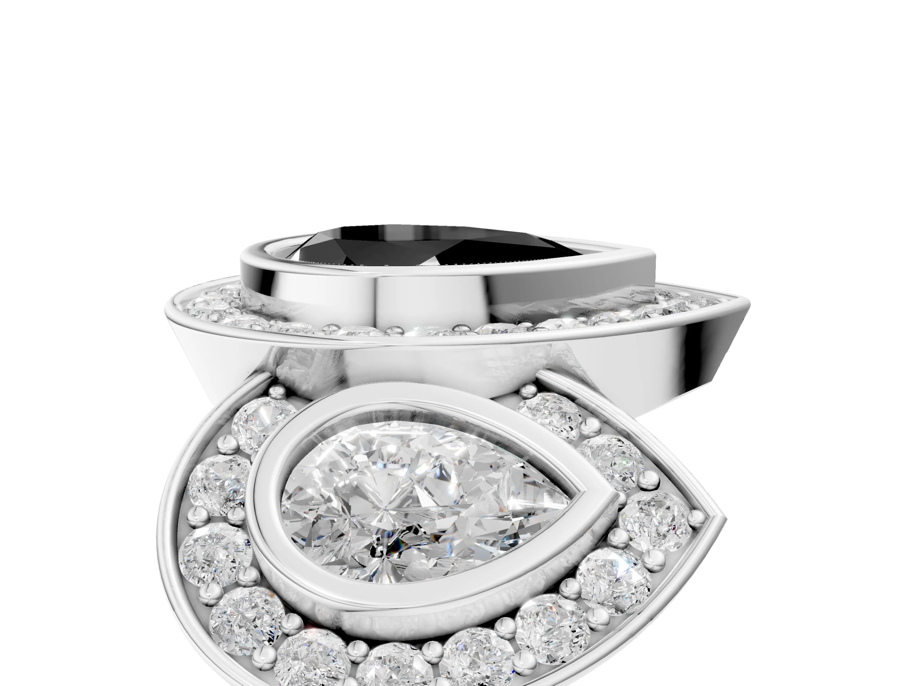 White gold Three-Stone Fancy Black Pear Cut Halo Pavé Diamond Ring_5
