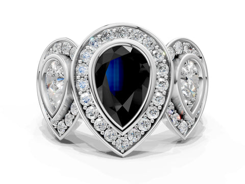 White gold Three-Stone Fancy Black Pear Cut Halo Pavé Diamond Ring