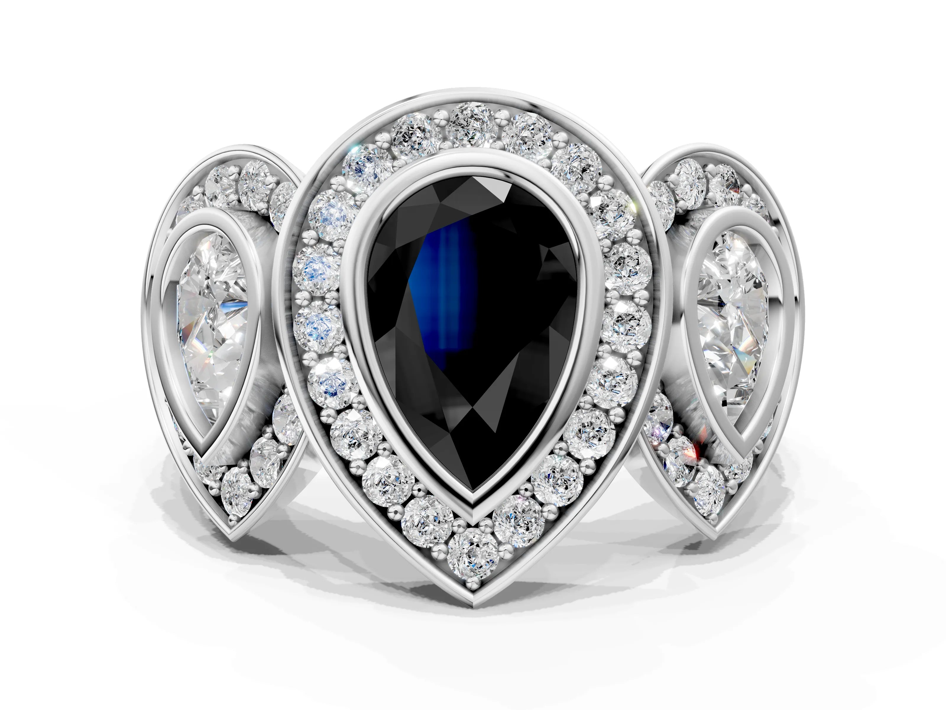 White gold Three-Stone Fancy Black Pear Cut Halo Pavé Diamond Ring
