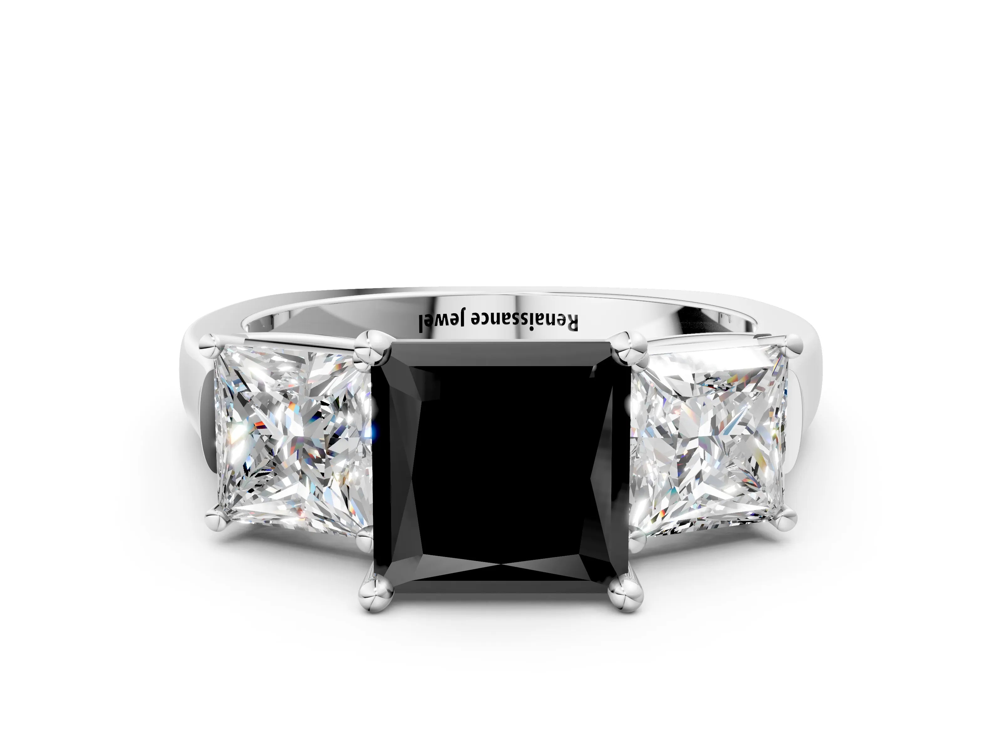 White gold Three-Stone Fancy Black Princess Cut Brilliant Diamond Trellis Ring with Comfort Fit Band_12