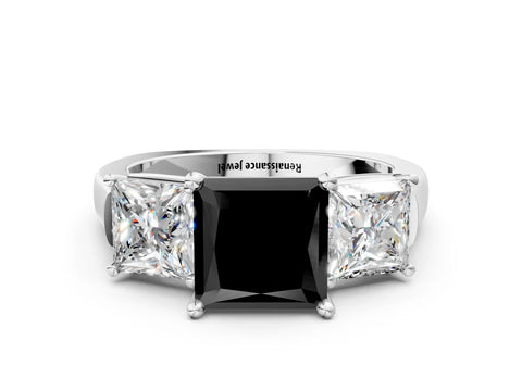 White gold Three-Stone Fancy Black Princess Cut Brilliant Diamond Trellis Ring with Comfort Fit Band_12