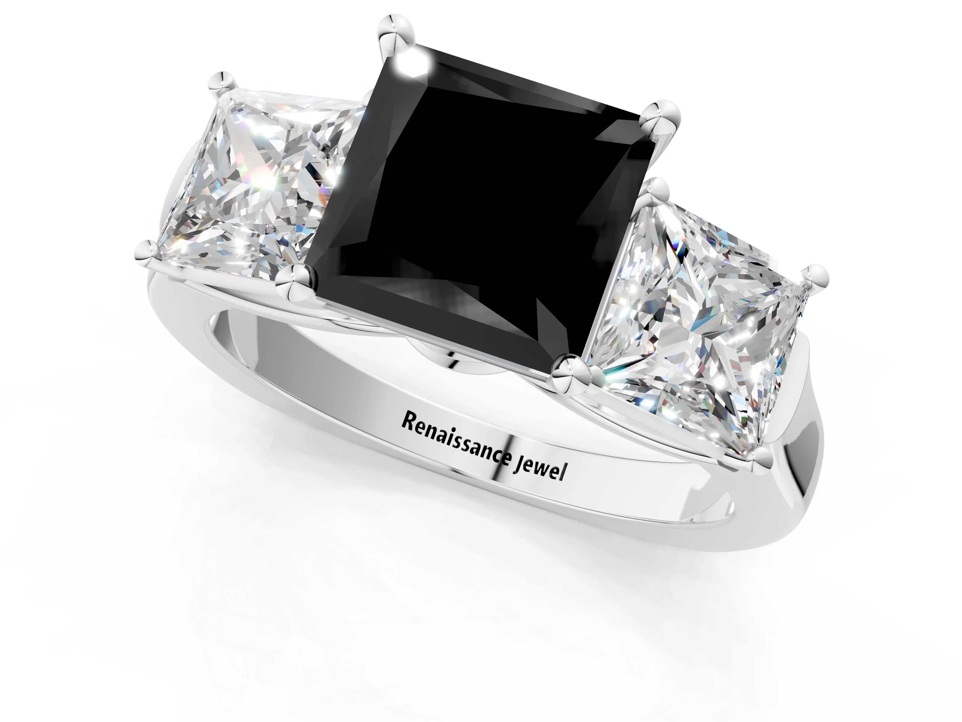White gold Three-Stone Fancy Black Princess Cut Brilliant Diamond Trellis Ring with Comfort Fit Band_13
