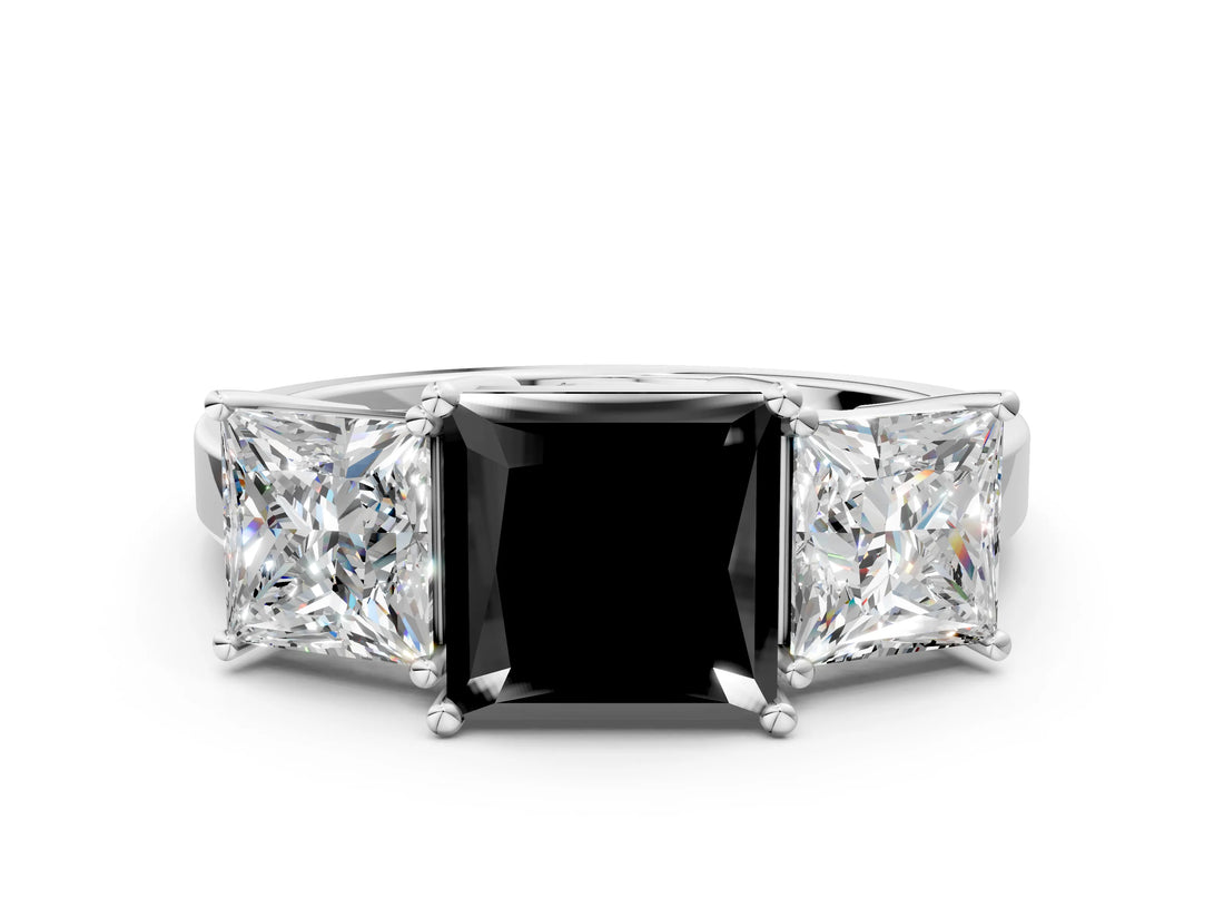 White gold Three-Stone Fancy Black Princess Cut Cut Diamond Engagement Ring with Flat Band and Four-Prong Setting_12