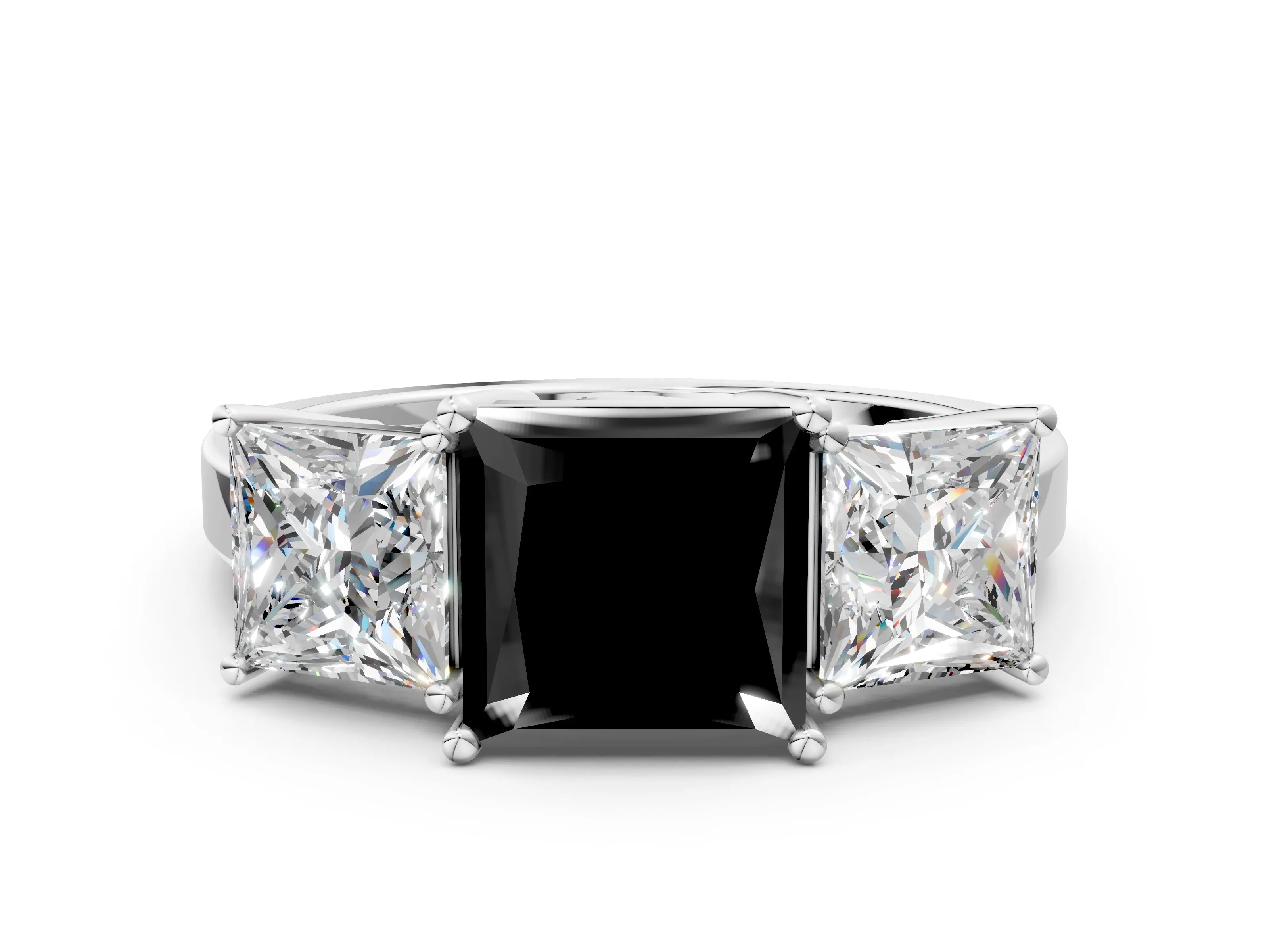 White gold Three-Stone Fancy Black Princess Cut Cut Diamond Engagement Ring with Flat Band and Four-Prong Setting_12
