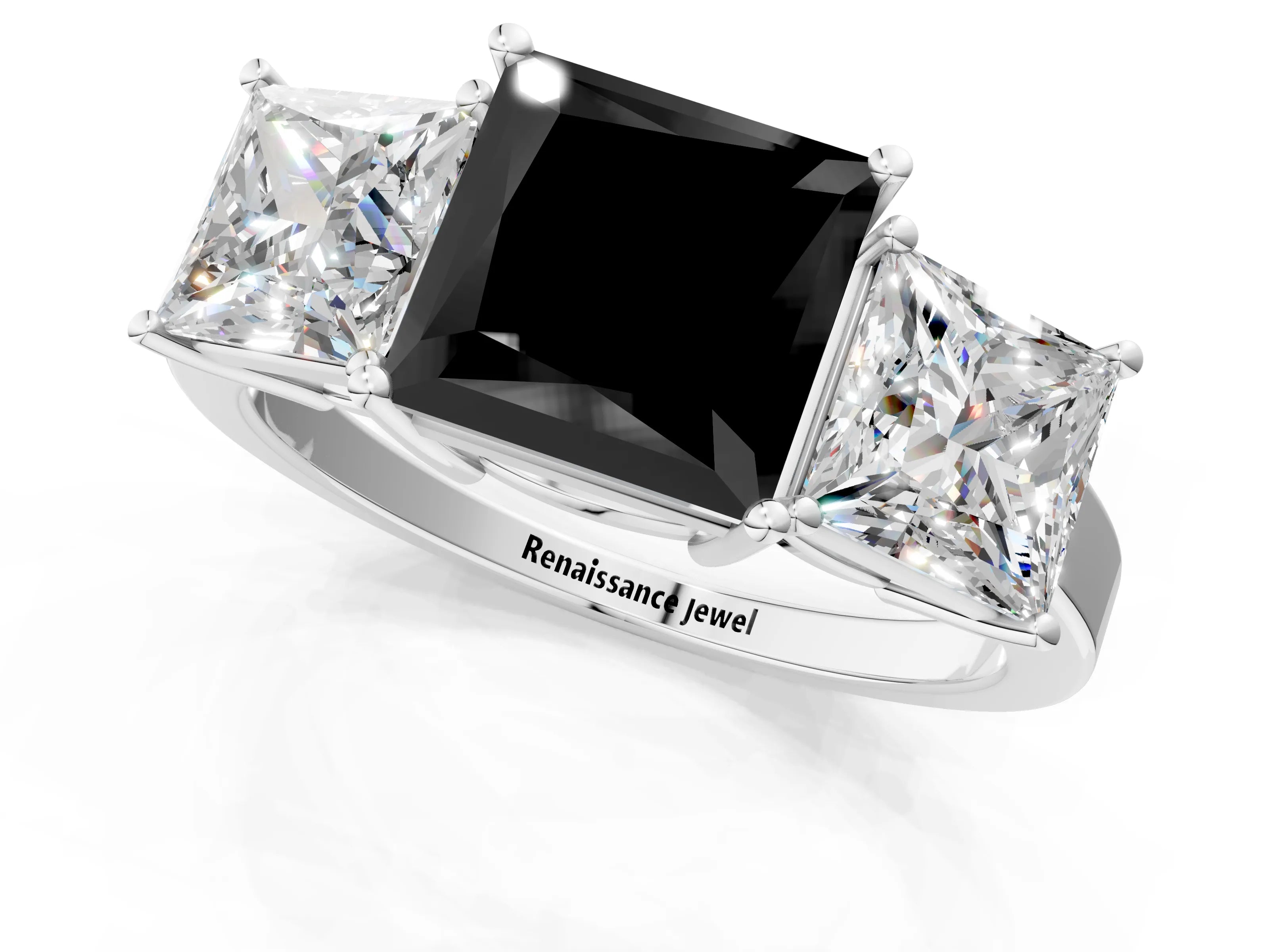 White gold Three-Stone Fancy Black Princess Cut Cut Diamond Engagement Ring with Flat Band and Four-Prong Setting_13
