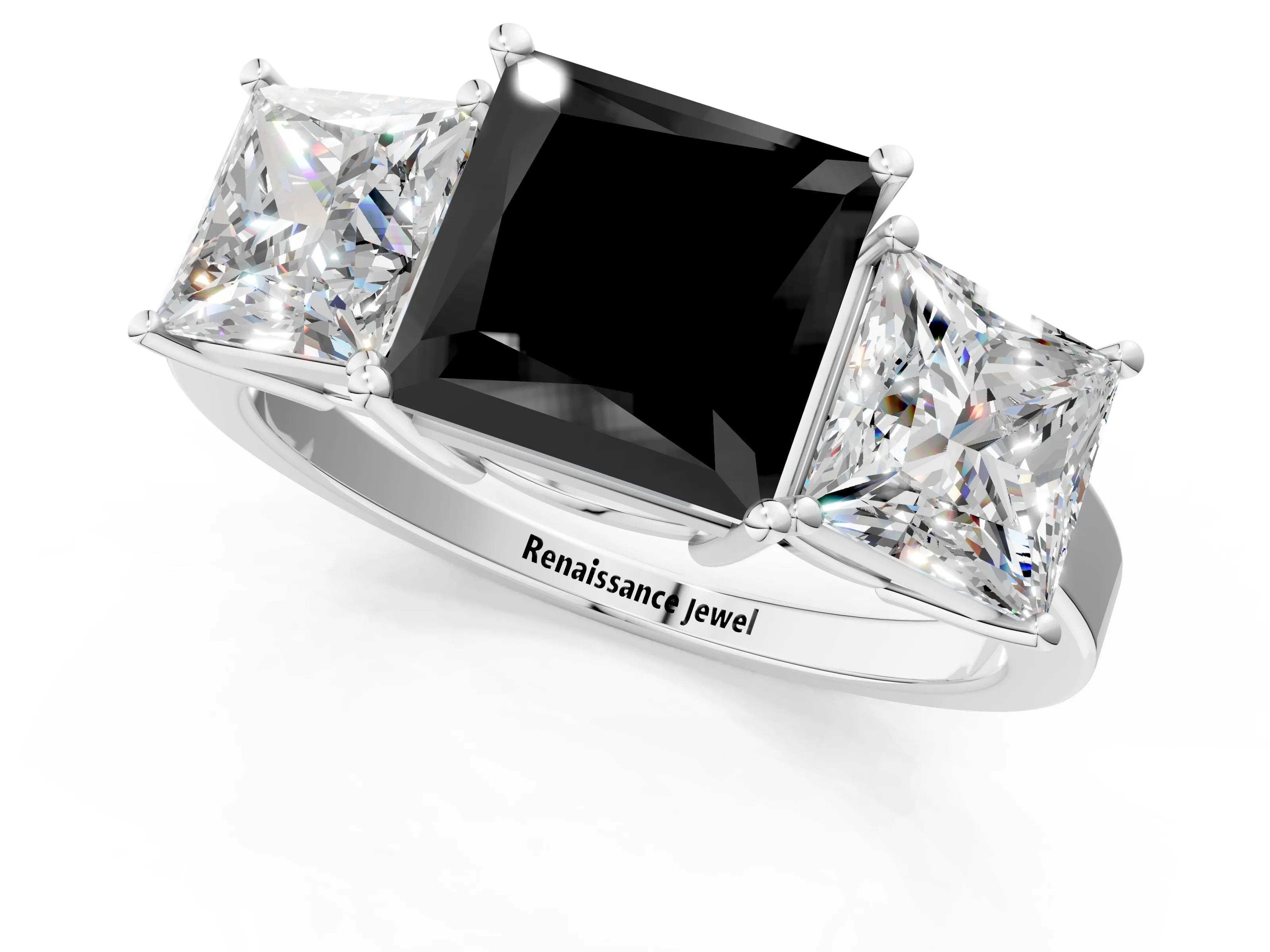 White gold Three-Stone Fancy Black Princess Cut Cut Diamond Engagement Ring with Flat Band and Four-Prong Setting_1