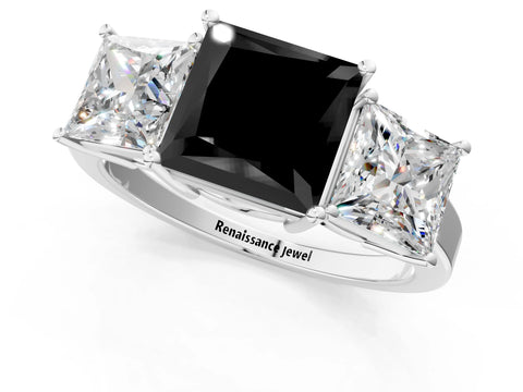 White gold Three-Stone Fancy Black Princess Cut Cut Diamond Engagement Ring with Flat Band and Four-Prong Setting_1