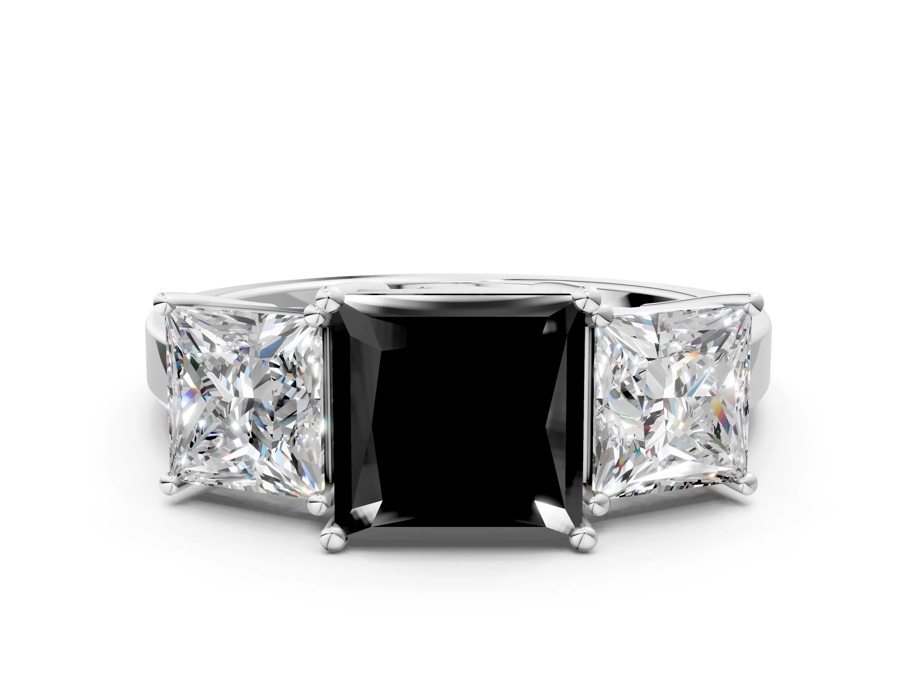 White gold Three-Stone Fancy Black Princess Cut Cut Diamond Engagement Ring with Flat Band and Four-Prong Setting