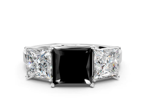 White gold Three-Stone Fancy Black Princess Cut Cut Diamond Engagement Ring with Flat Band and Four-Prong Setting