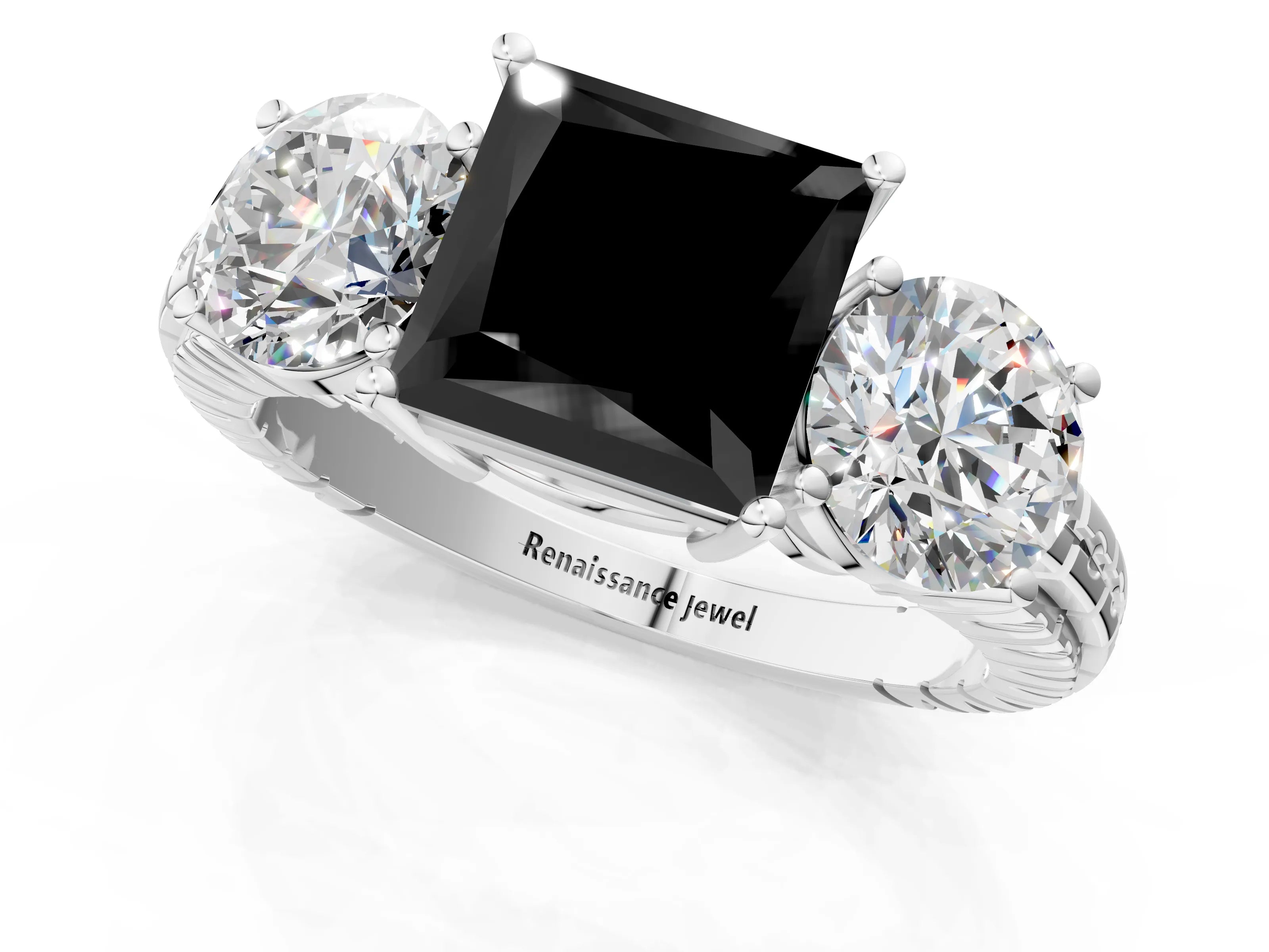 White gold Three-Stone Fancy Black Princess Cut Cut Diamond Ring with Channel-Set Band and Prong Setting_1