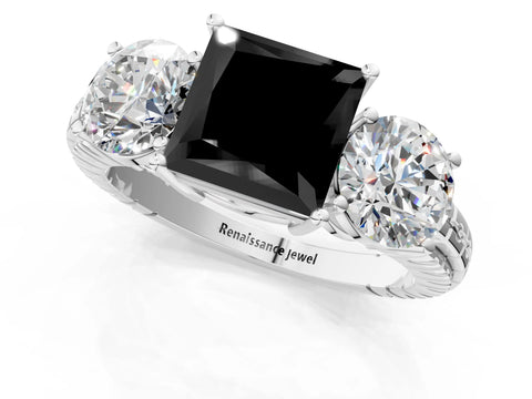 White gold Three-Stone Fancy Black Princess Cut Cut Diamond Ring with Channel-Set Band and Prong Setting_1