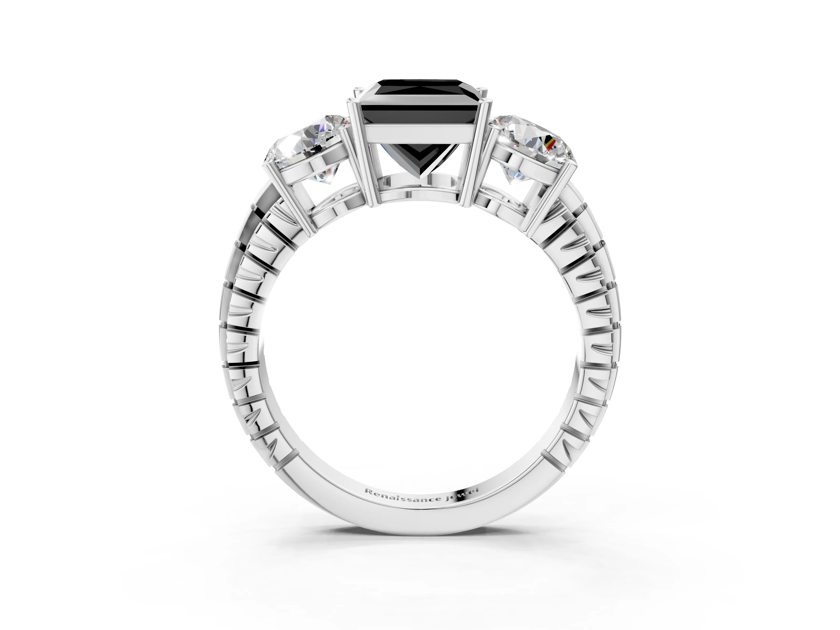 White gold Three-Stone Fancy Black Princess Cut Cut Diamond Ring with Channel-Set Band and Prong Setting_3