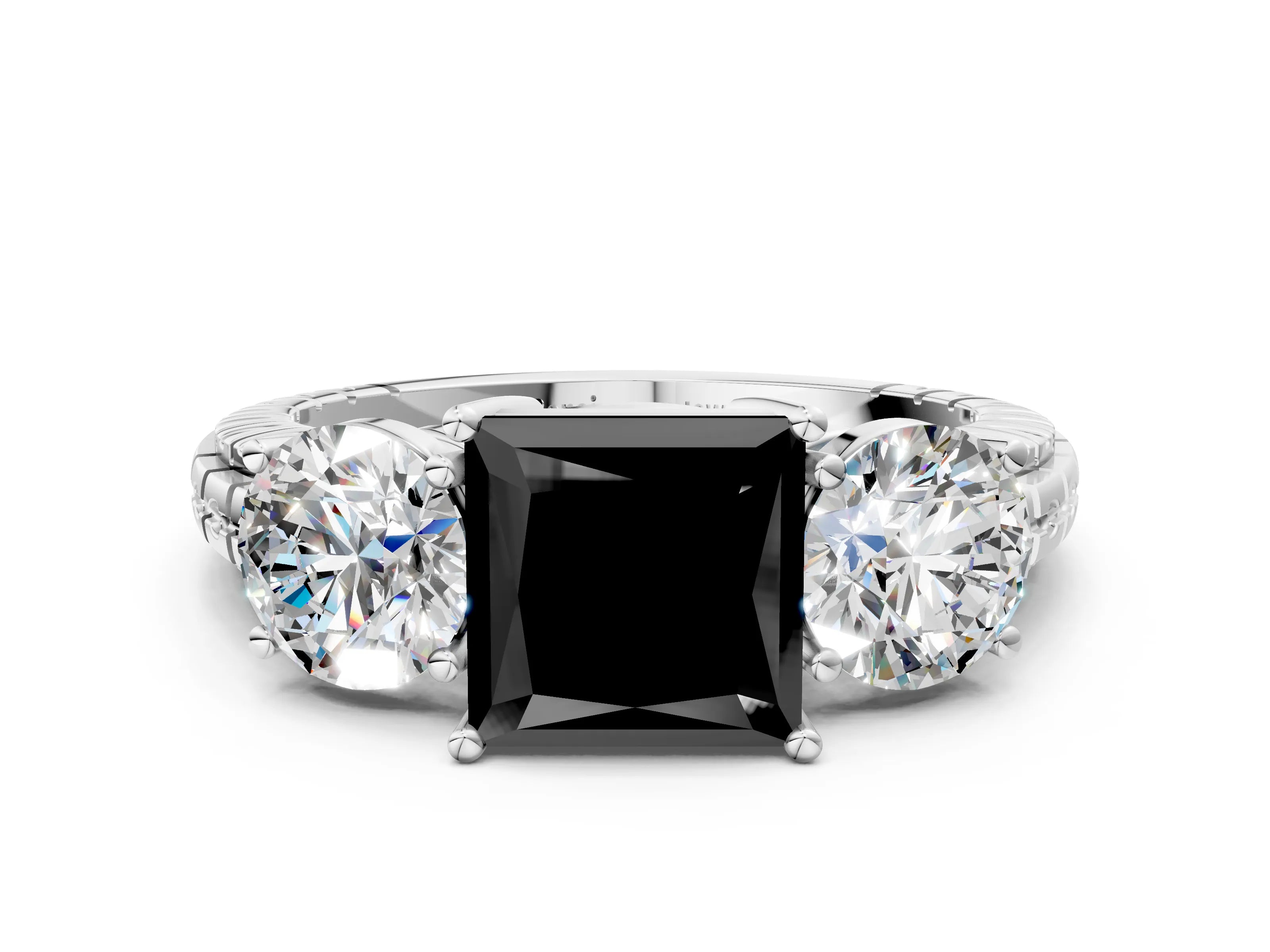 White gold Three-Stone Fancy Black Princess Cut Cut Diamond Ring with Channel-Set Band and Prong Setting