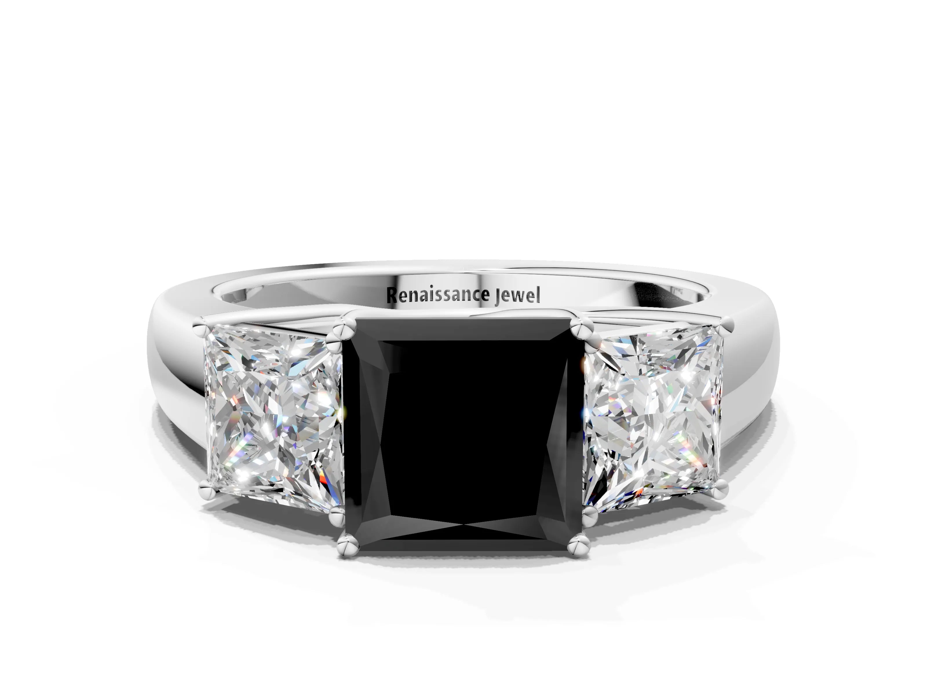 White gold Three-Stone Fancy Black Princess Cut Cut Diamond Ring with Prong Setting and Classic Band