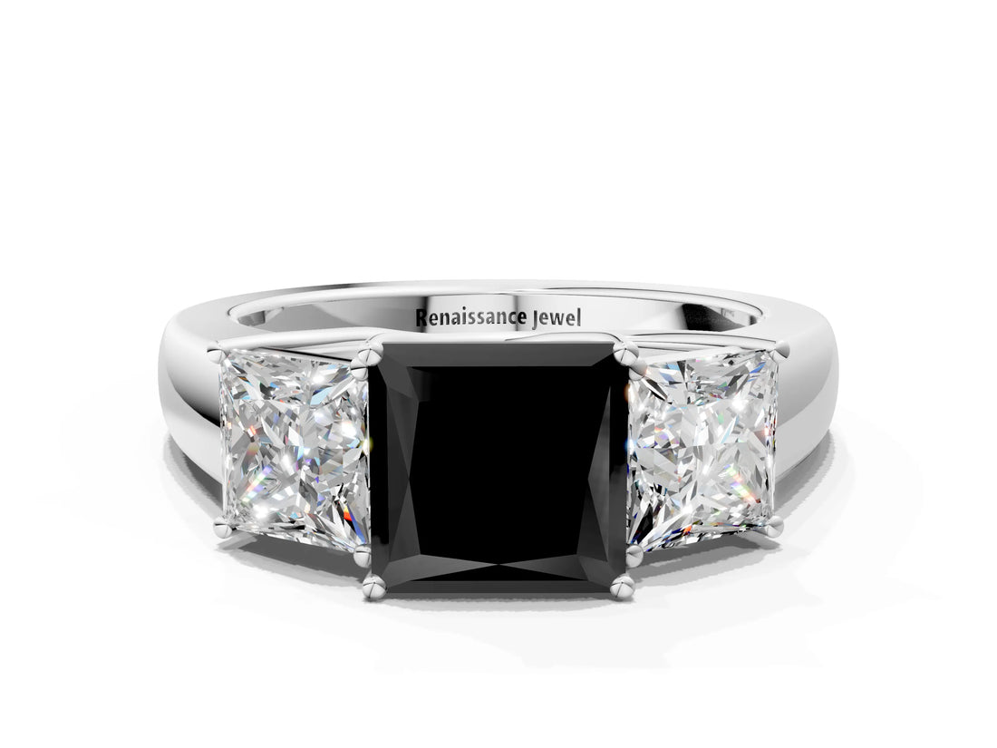 White gold Three-Stone Fancy Black Princess Cut Cut Diamond Ring with Prong Setting and Classic Band