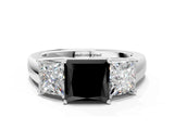 White gold Three-Stone Fancy Black Princess Cut Cut Diamond Ring with Prong Setting and Classic Band