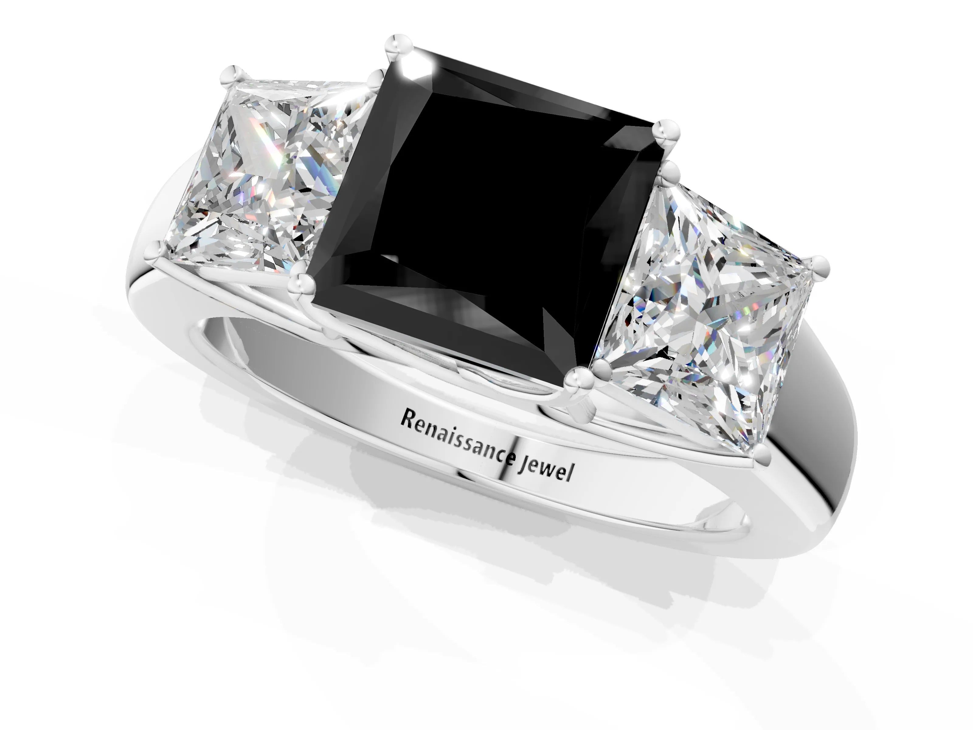 White gold Three-Stone Fancy Black Princess Cut Cut Diamond Ring with Prong Setting and Classic Band_1