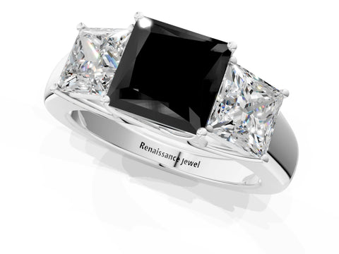 White gold Three-Stone Fancy Black Princess Cut Cut Diamond Ring with Prong Setting and Classic Band_1