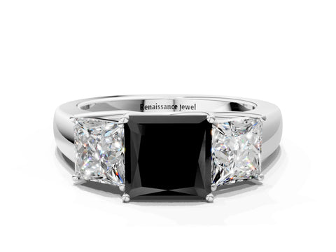 White gold Three-Stone Fancy Black Princess Cut Cut Diamond Ring with Prong Setting and Classic Band
