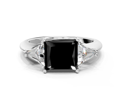 White gold Three-Stone Fancy Black Princess Cut Cut Diamond Ring with Trillion Side Stones and Four-Prong Setting_11