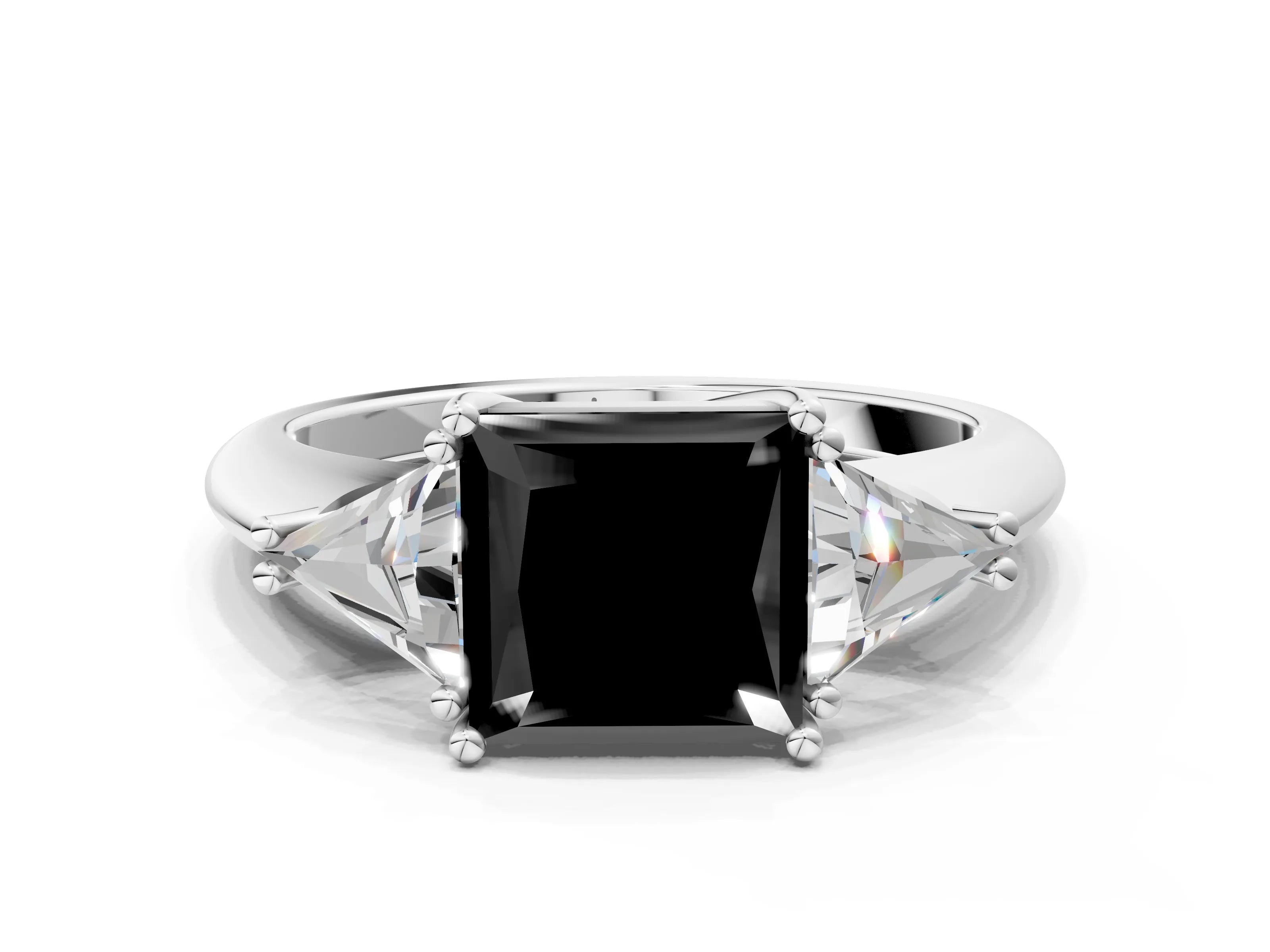 White gold Three-Stone Fancy Black Princess Cut Cut Diamond Ring with Trillion Side Stones and Four-Prong Setting_11