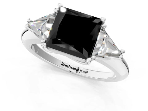 White gold Three-Stone Fancy Black Princess Cut Cut Diamond Ring with Trillion Side Stones and Four-Prong Setting_12
