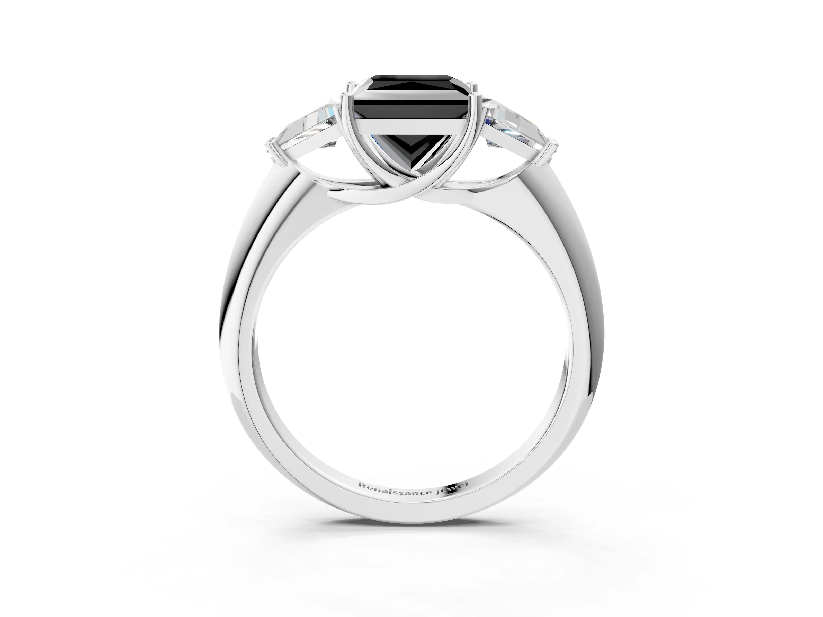 White gold Three-Stone Fancy Black Princess Cut Cut Diamond Ring with Trillion Side Stones and Four-Prong Setting_14
