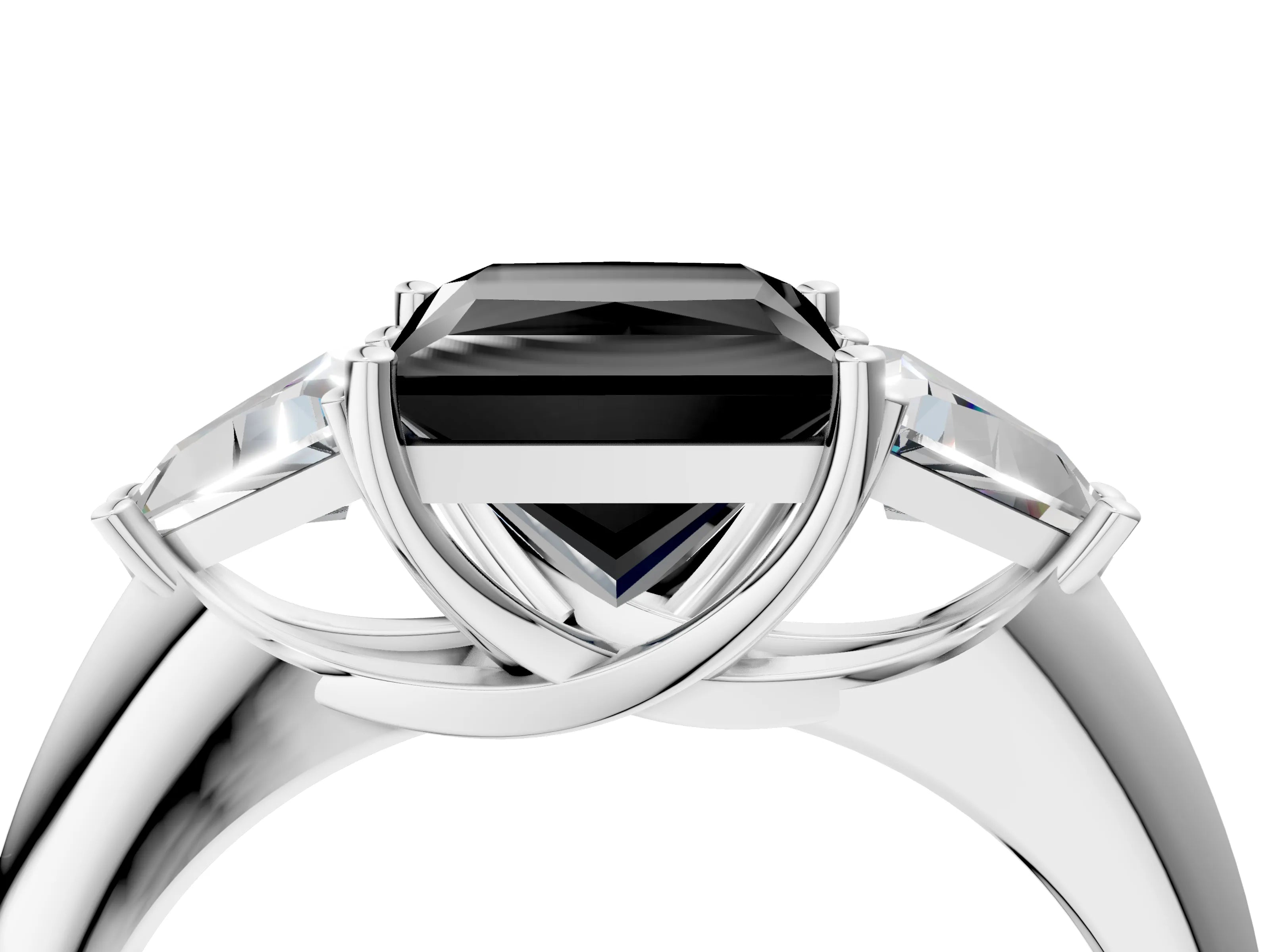 White gold Three-Stone Fancy Black Princess Cut Cut Diamond Ring with Trillion Side Stones and Four-Prong Setting_15