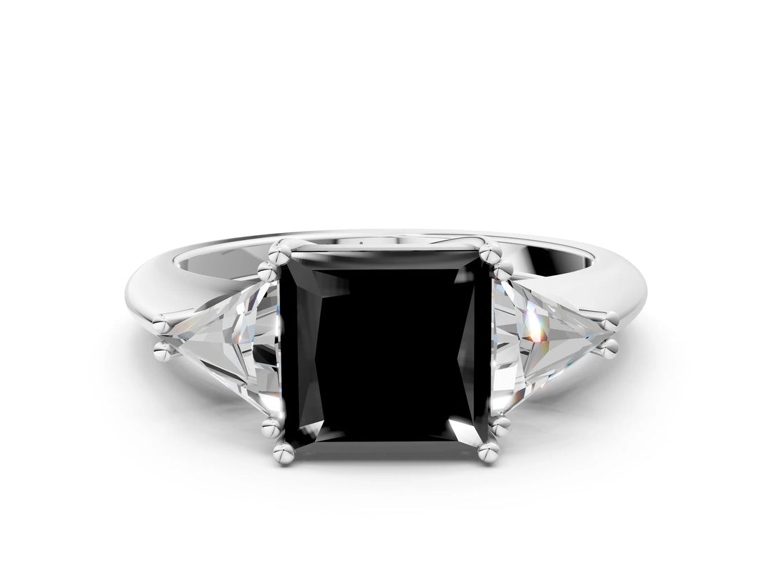 White gold Three-Stone Fancy Black Princess Cut Cut Diamond Ring with Trillion Side Stones and Four-Prong Setting_23