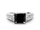 White gold Three-Stone Fancy Black Princess Cut Cut Diamond Ring with Trillion Side Stones on a Split Shank Band