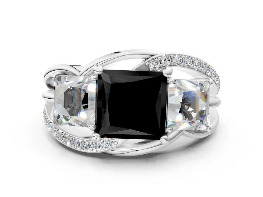 White gold Three-Stone Fancy Black Princess Cut Cut Diamond Split Shank Prong Set Ring