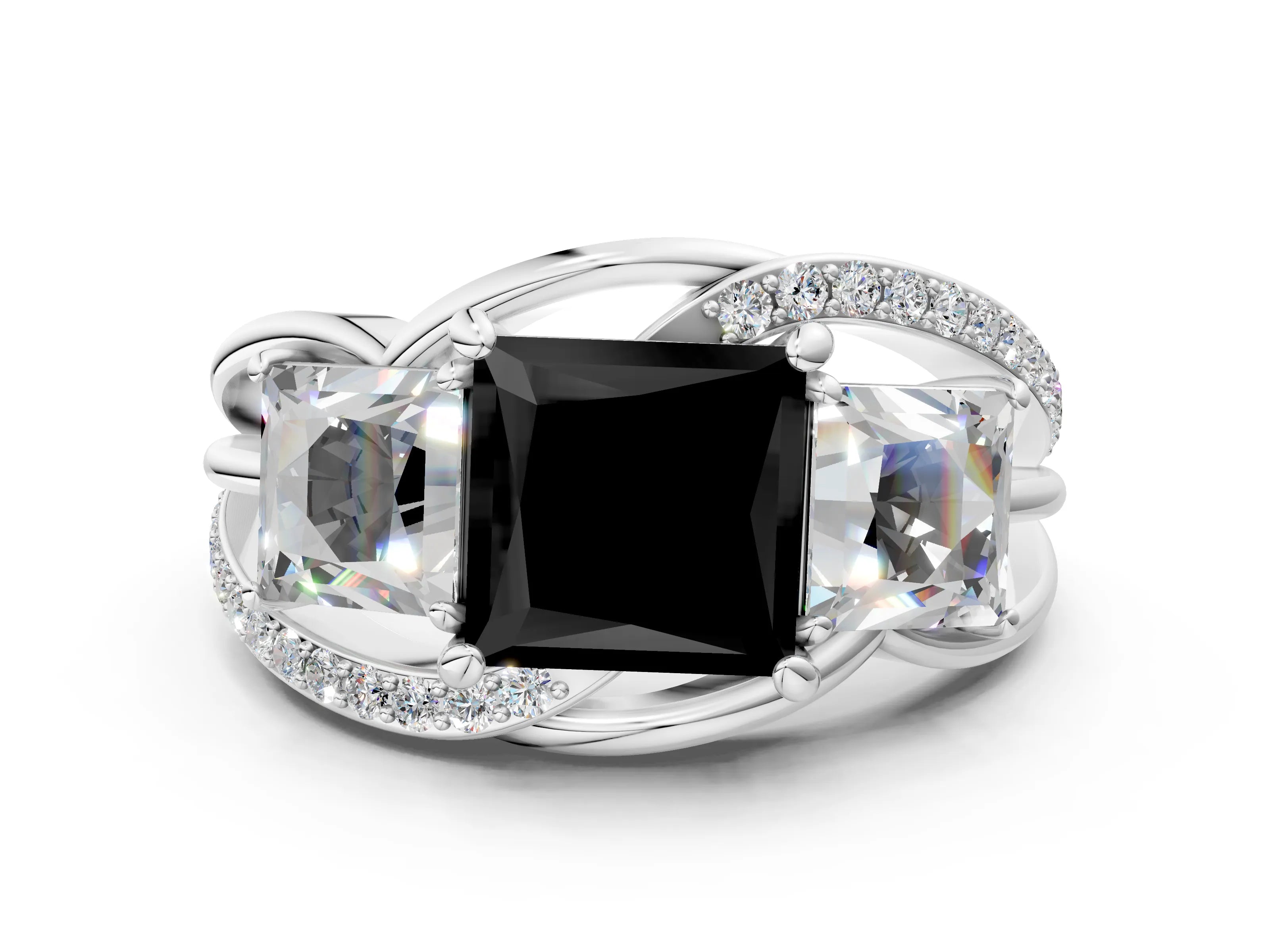 White gold Three-Stone Fancy Black Princess Cut Cut Diamond Split Shank Prong Set Ring_36