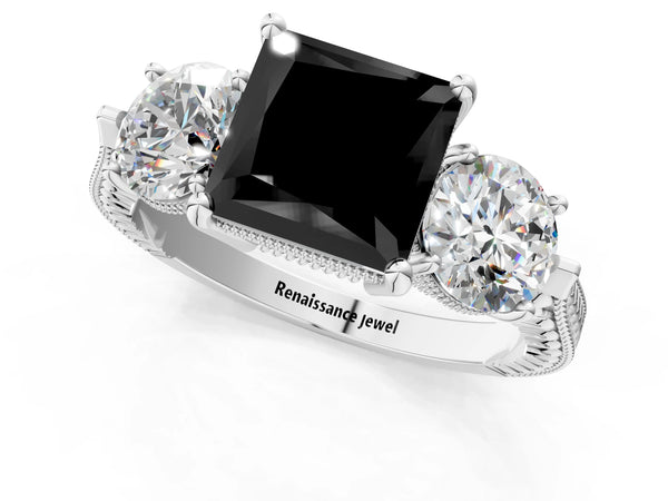 White Gold Princess Cut Vintage Three Stone Engagement Ring Setting for Black Center