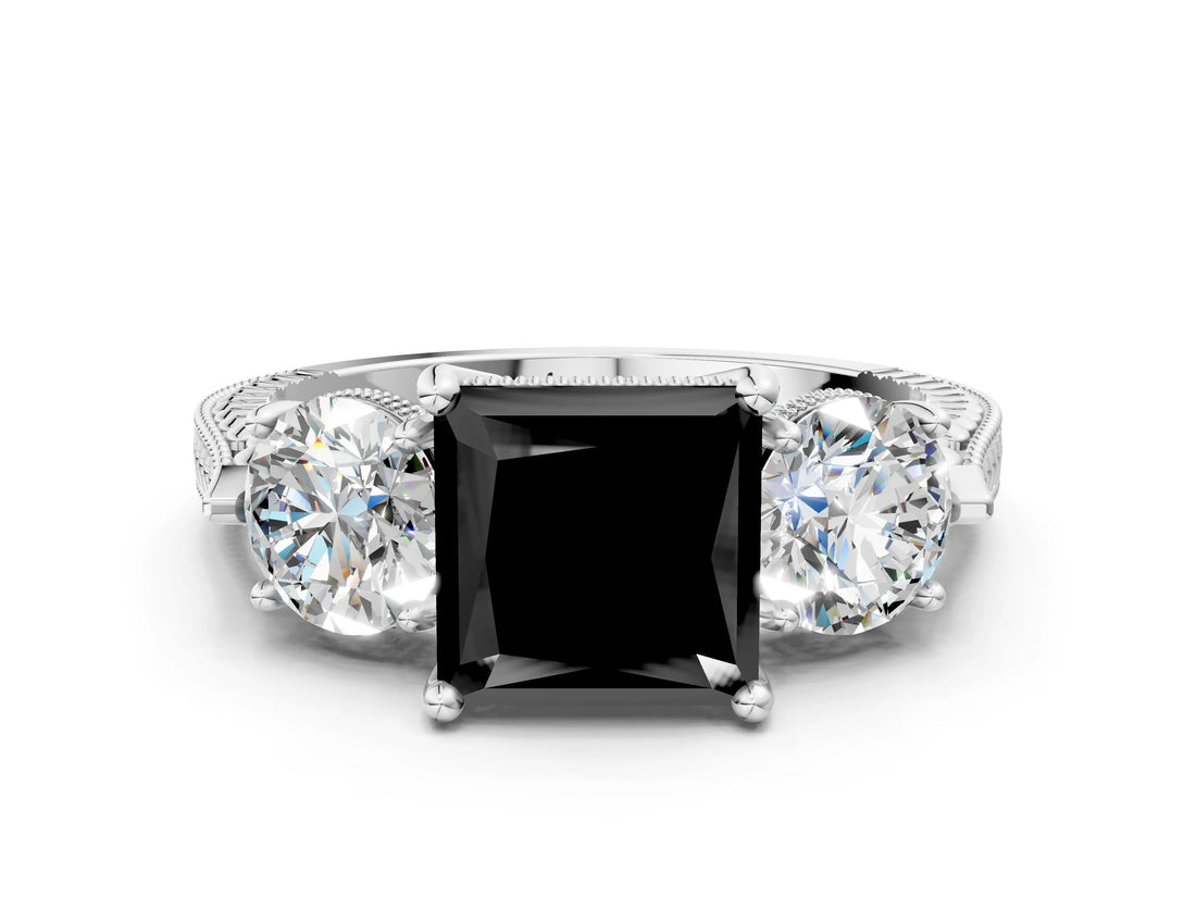 White gold Three-Stone Fancy Black Princess Cut Cut Milgrain Band Prong Setting Ring
