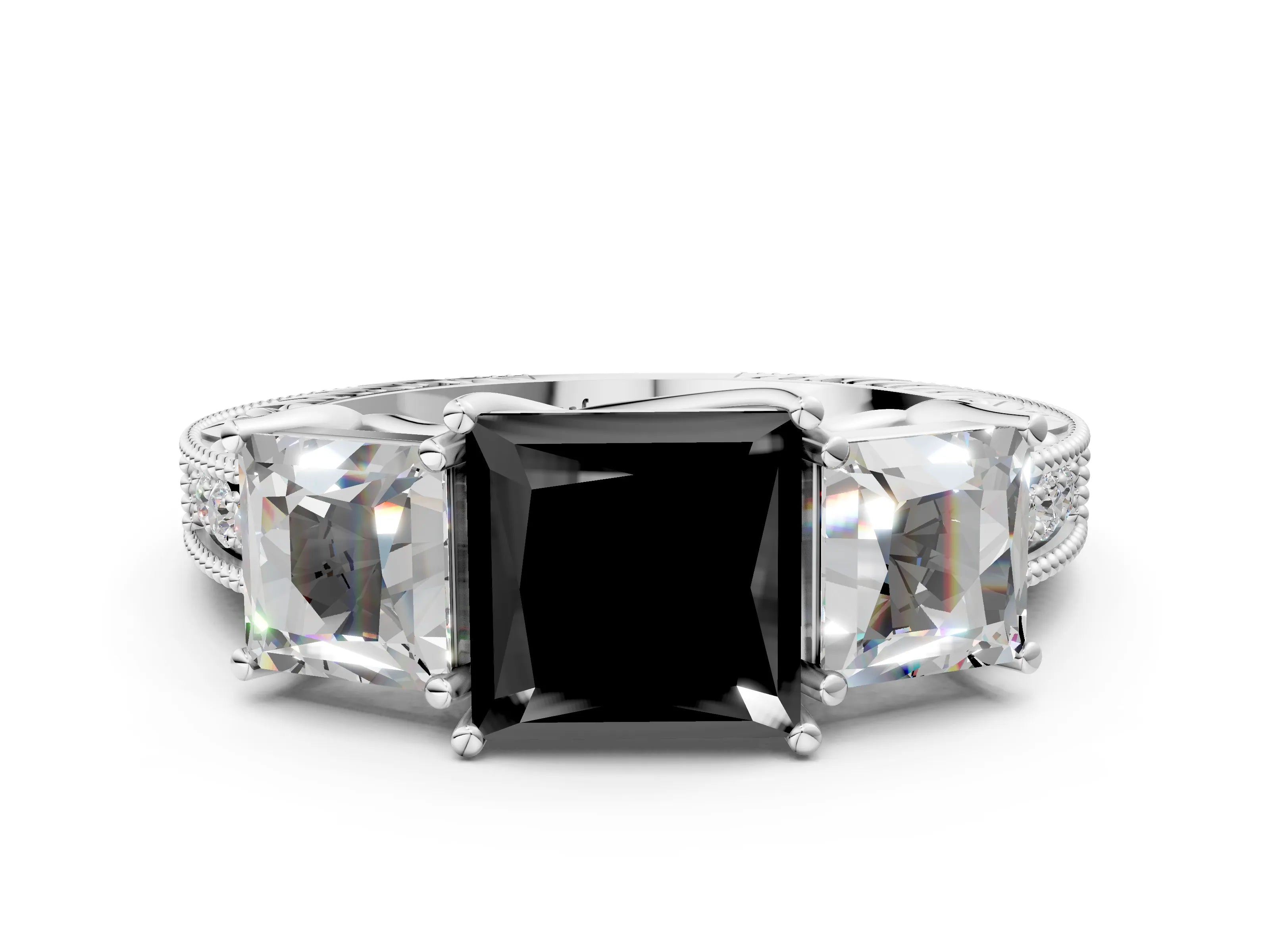 White gold Three-Stone Fancy Black Princess Cut Cut Milgrain Pavé Engagement Ring_12