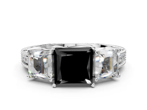 White gold Three-Stone Fancy Black Princess Cut Cut Milgrain Pavé Engagement Ring_12
