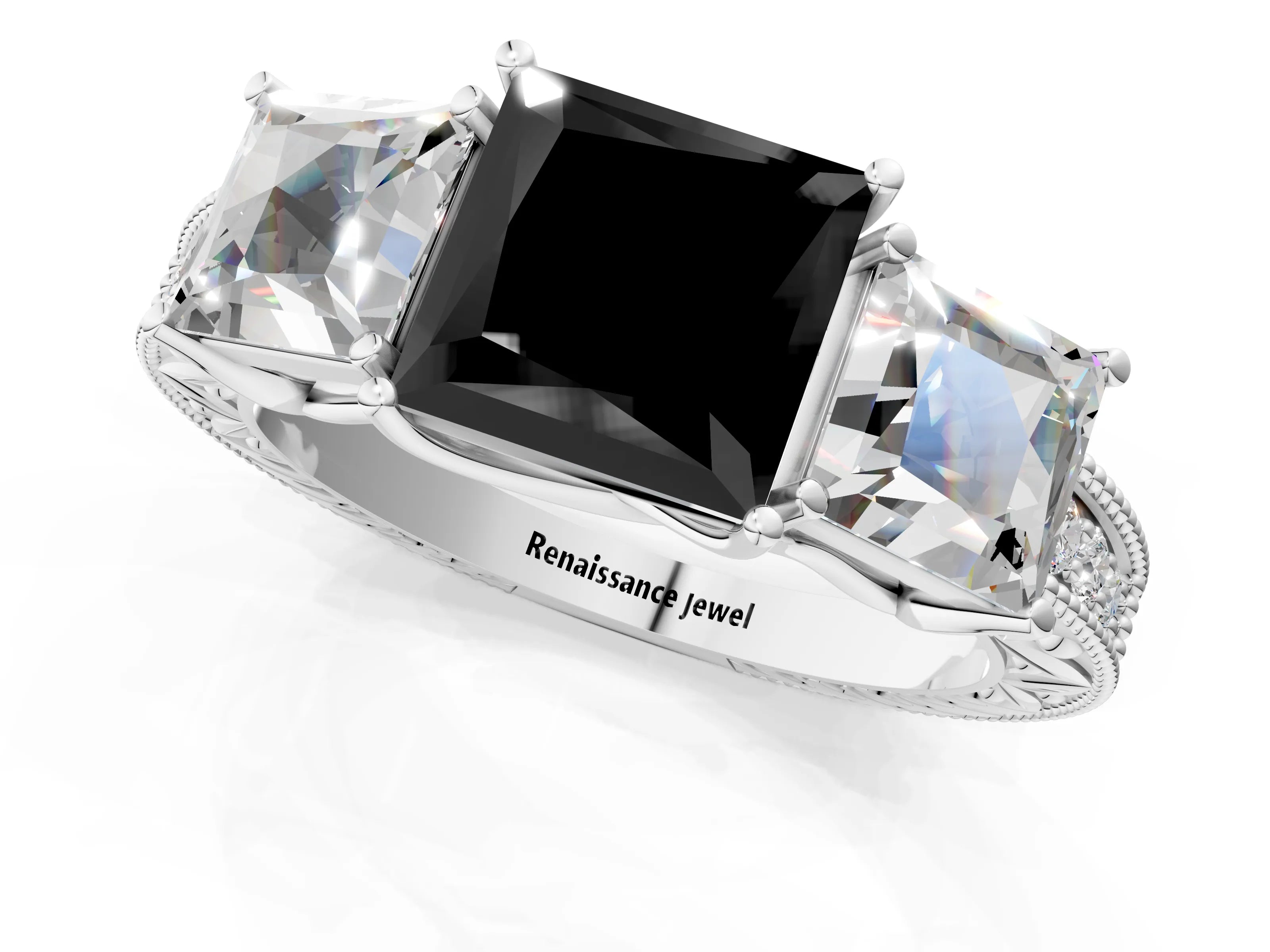 White gold Three-Stone Fancy Black Princess Cut Cut Milgrain Pavé Engagement Ring_13