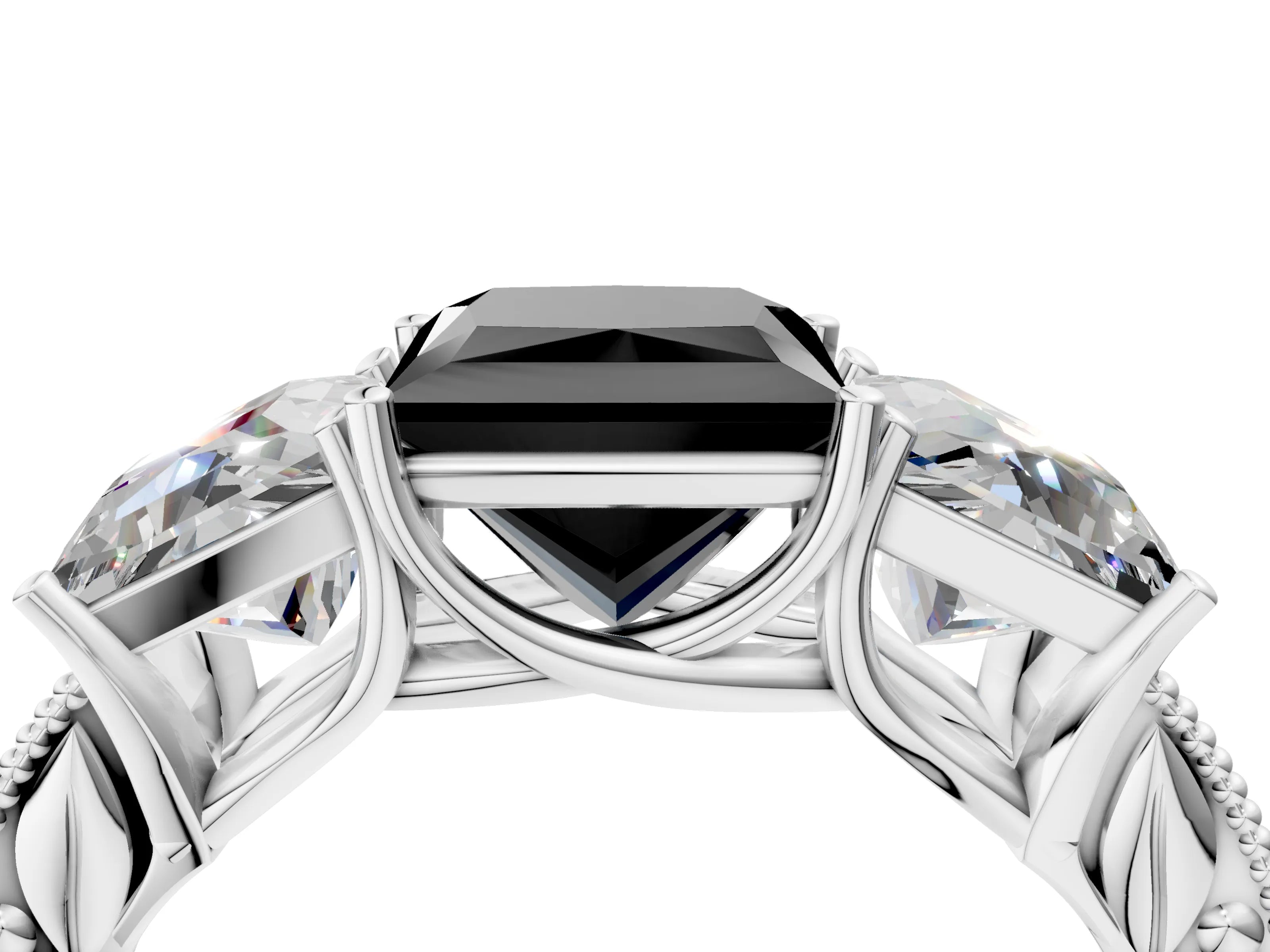 White gold Three-Stone Fancy Black Princess Cut Cut Milgrain Pavé Engagement Ring_16