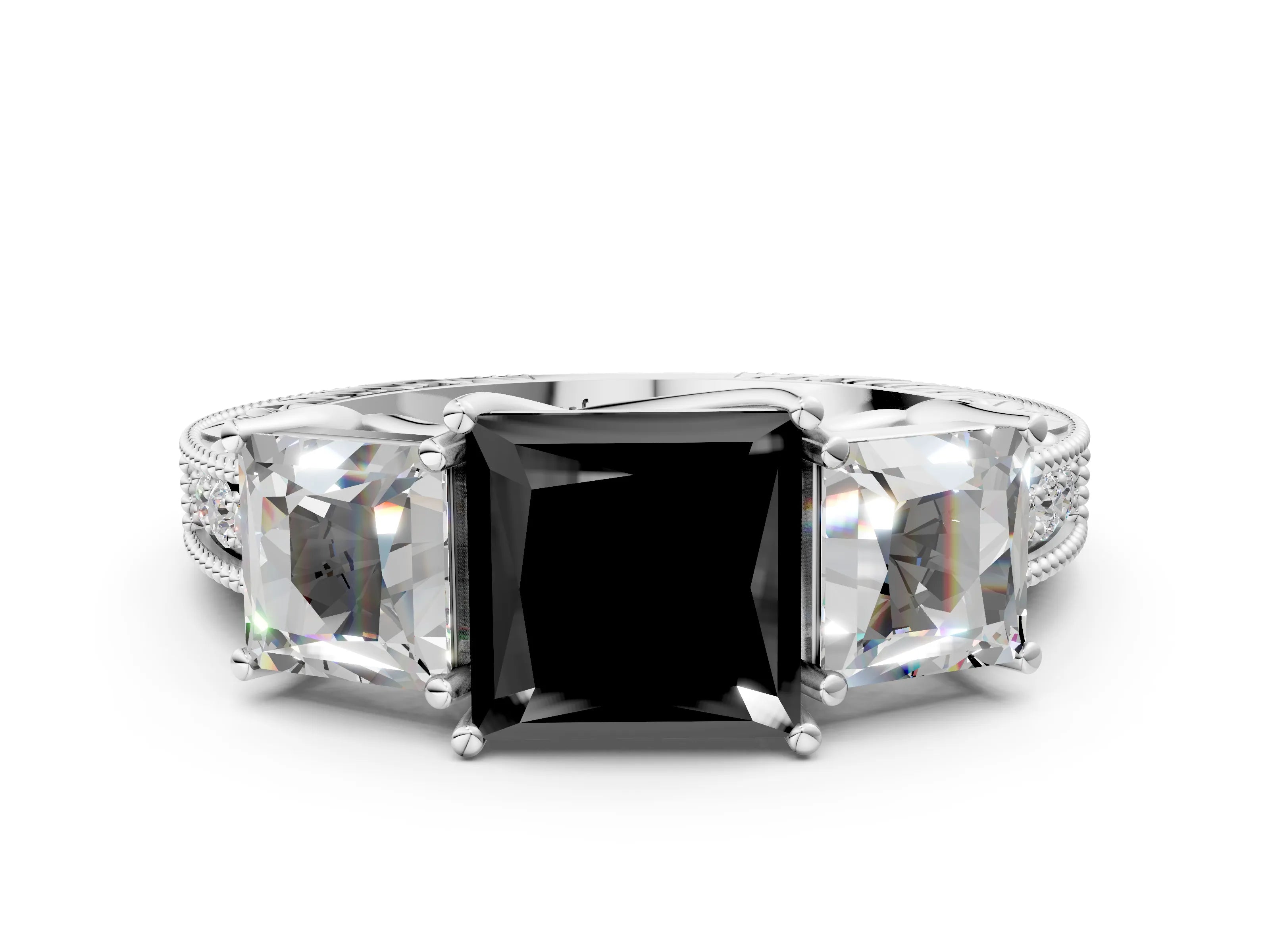 White gold Three-Stone Fancy Black Princess Cut Cut Milgrain Pavé Engagement Ring_24