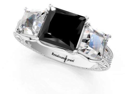 White gold Three-Stone Fancy Black Princess Cut Cut Milgrain Pavé Engagement Ring_25