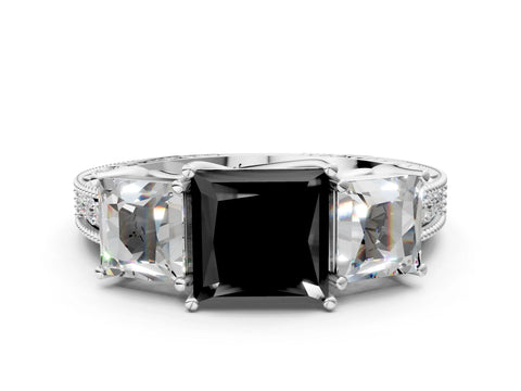 White gold Three-Stone Fancy Black Princess Cut Cut Milgrain Pavé Engagement Ring