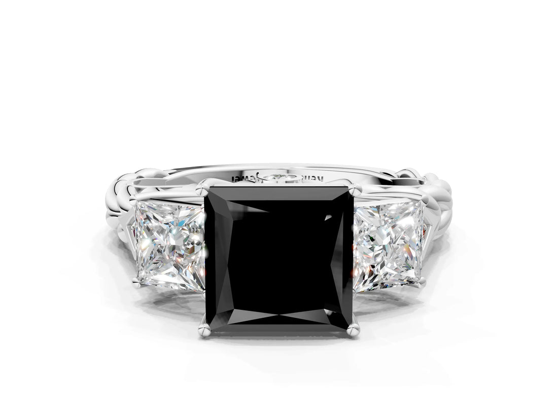 White gold Three-Stone Fancy Black Princess Cut Diamond Braided Band Ring with Four-Prong Setting_24