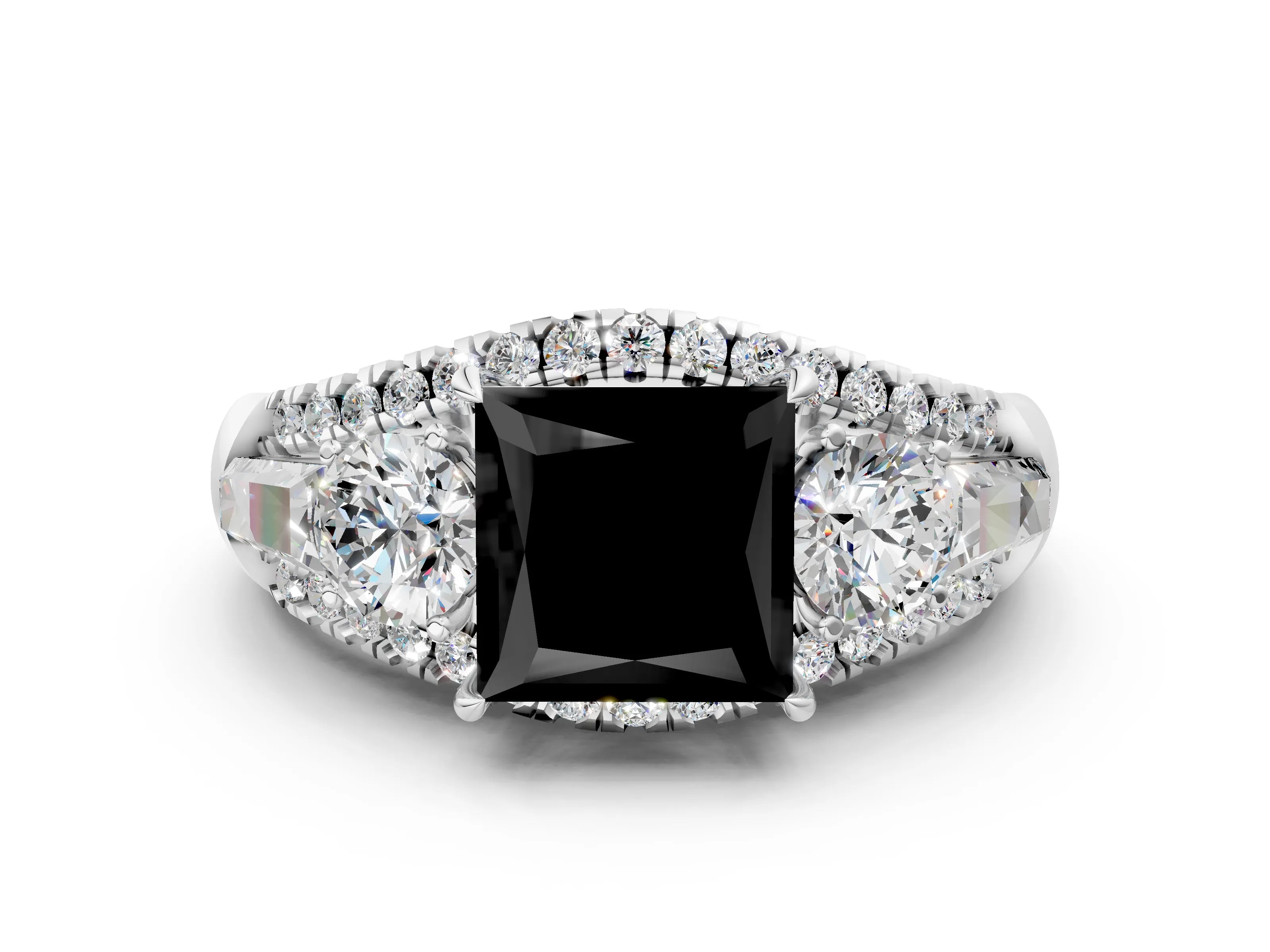 White gold Three-Stone Fancy Black Princess Cut Diamond Engagement Ring with Pave Band and Prong Setting