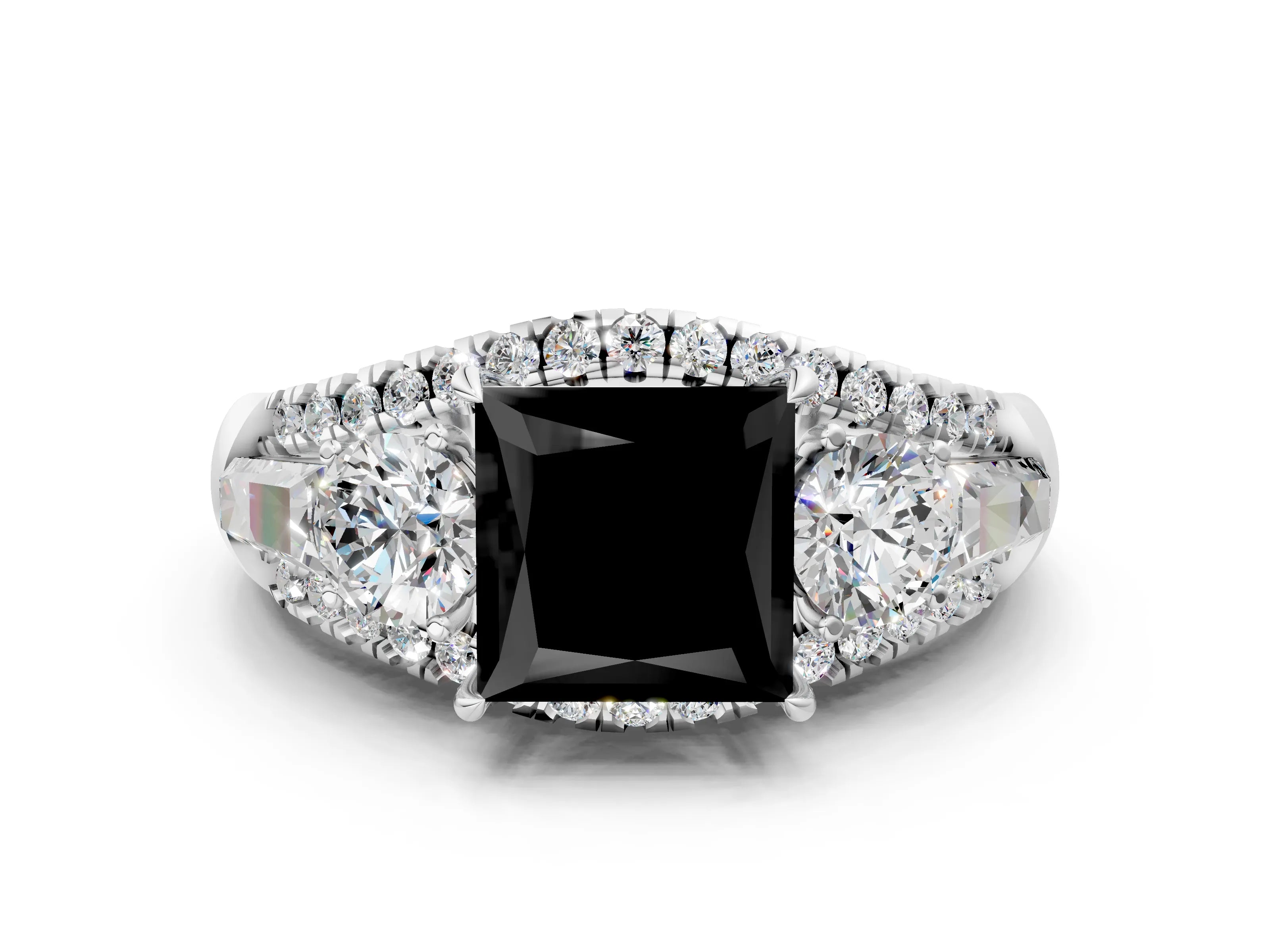 White gold Three-Stone Fancy Black Princess Cut Diamond Engagement Ring with Pave Band and Prong Setting_12
