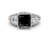 White gold Three-Stone Fancy Black Princess Cut Diamond Engagement Ring with Pave Band and Prong Setting_12