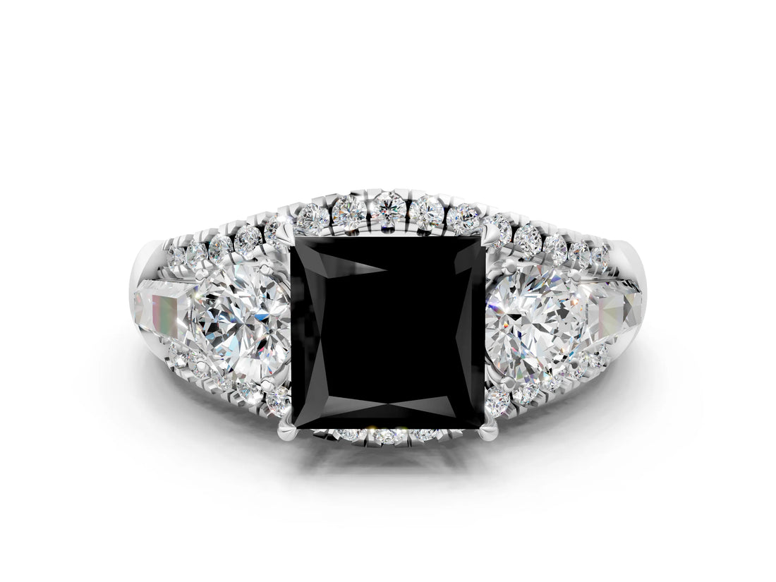 White gold Three-Stone Fancy Black Princess Cut Diamond Engagement Ring with Pave Band and Prong Setting_12