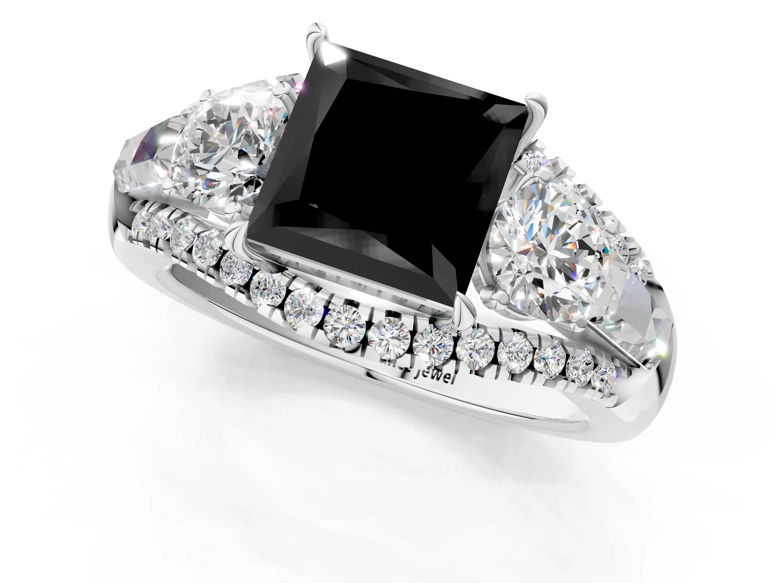 White gold Three-Stone Fancy Black Princess Cut Diamond Engagement Ring with Pave Band and Prong Setting_13