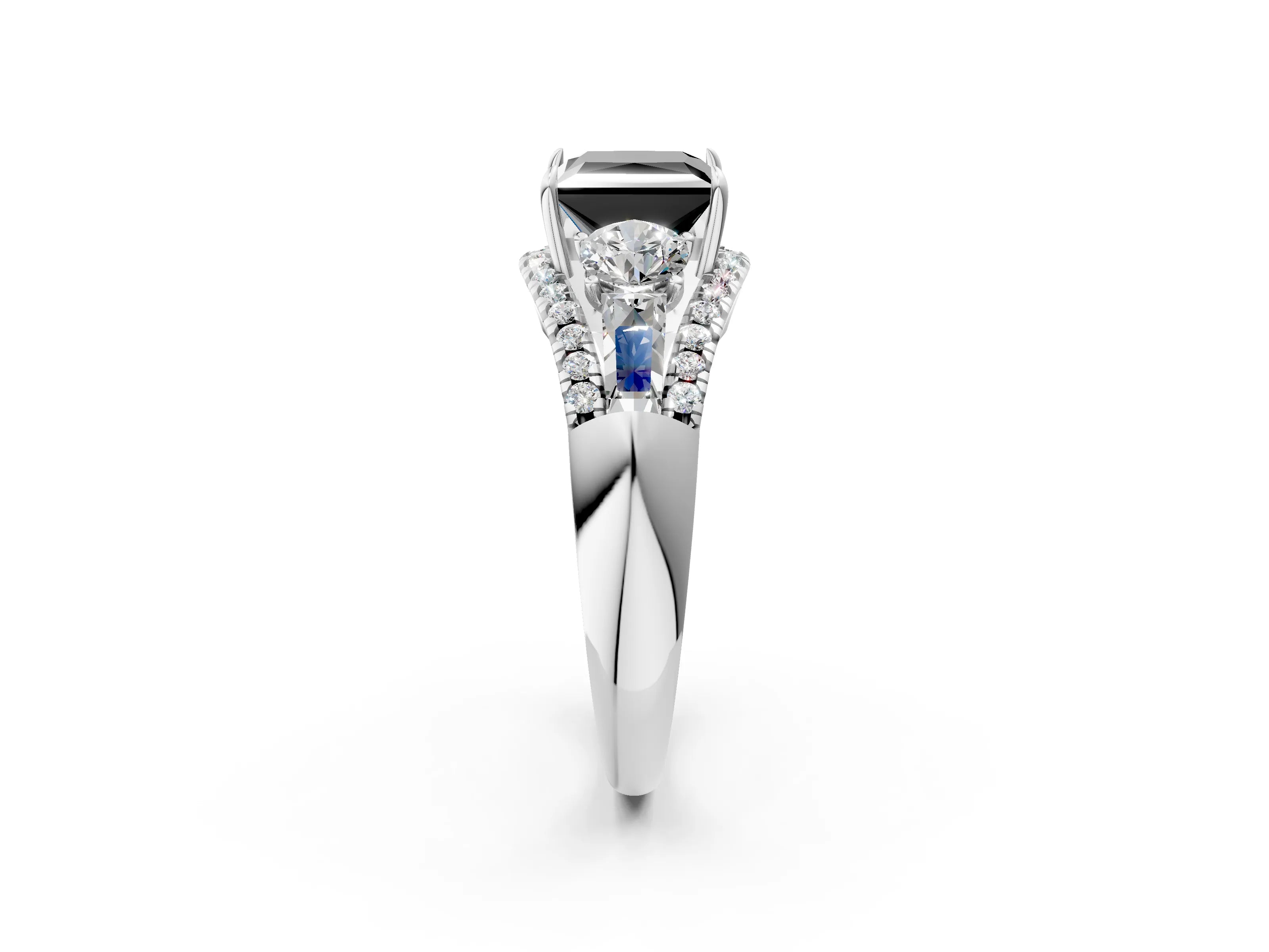 White gold Three-Stone Fancy Black Princess Cut Diamond Engagement Ring with Pave Band and Prong Setting_14
