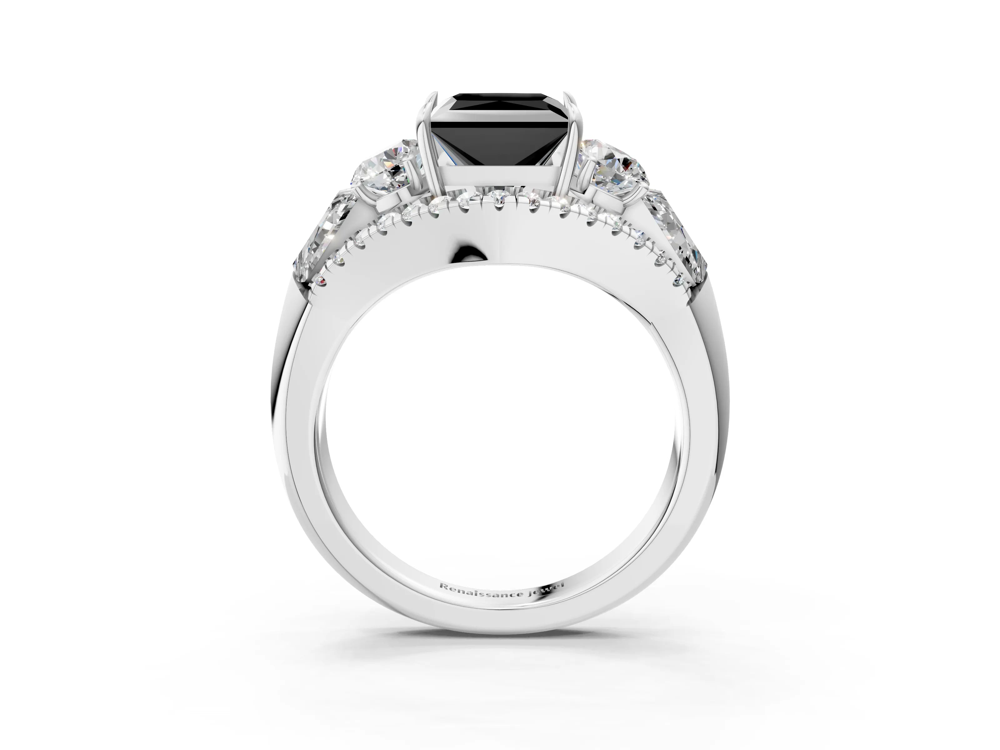 White gold Three-Stone Fancy Black Princess Cut Diamond Engagement Ring with Pave Band and Prong Setting_15