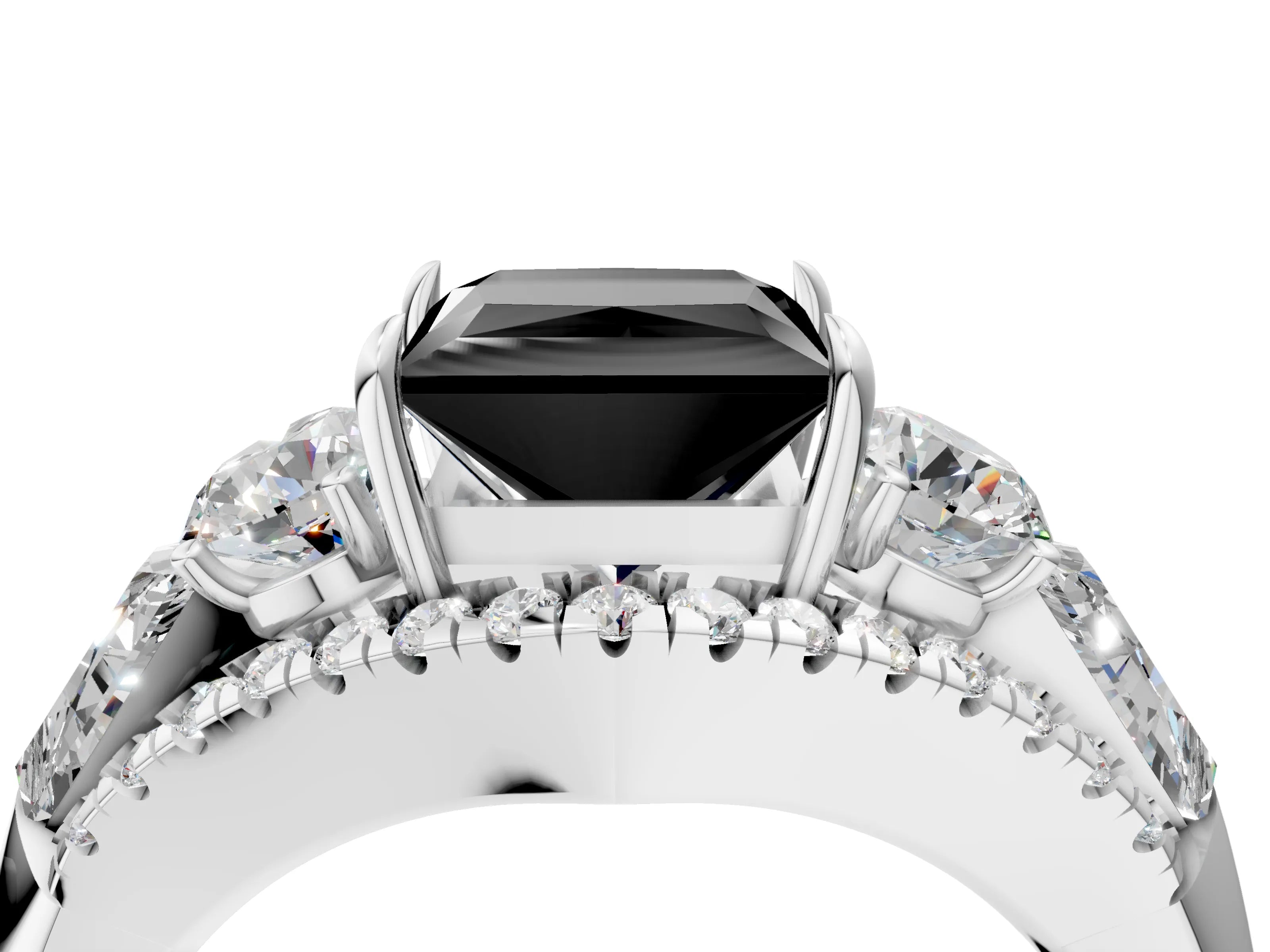 White gold Three-Stone Fancy Black Princess Cut Diamond Engagement Ring with Pave Band and Prong Setting_16